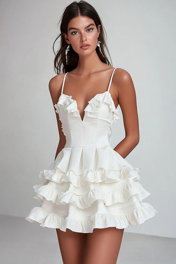 Stylish Ruffled Tiered White Graduation Dress